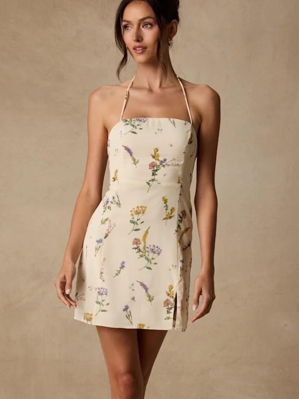 Floral Halter Mini Dress in Cream